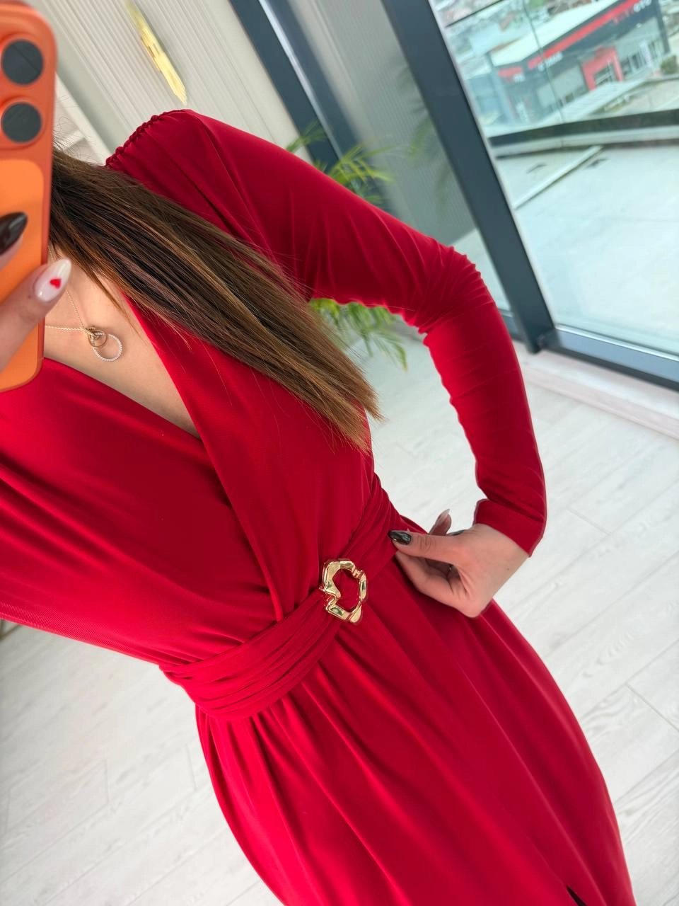 Kırmızı%20Bel%20Detay%20Likralı%20Tok%20Candy%20Kumaş%20Elbise