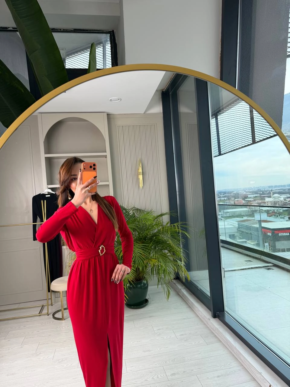 Kırmızı%20Bel%20Detay%20Likralı%20Tok%20Candy%20Kumaş%20Elbise