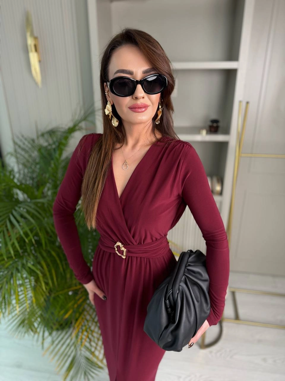 Bordo%20Bel%20Detay%20Likralı%20Tok%20Candy%20Kumaş%20Elbise