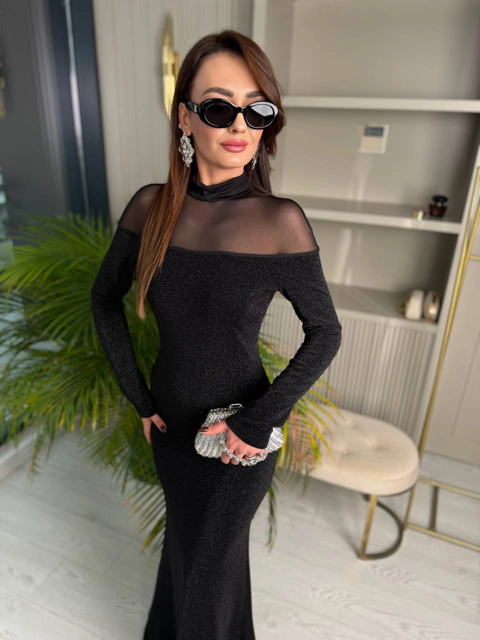 Tasarım%20İthal%20Işıltılı%20Kumaş%20Tül%20Detaylı%20Balık%20Form%20Elbise