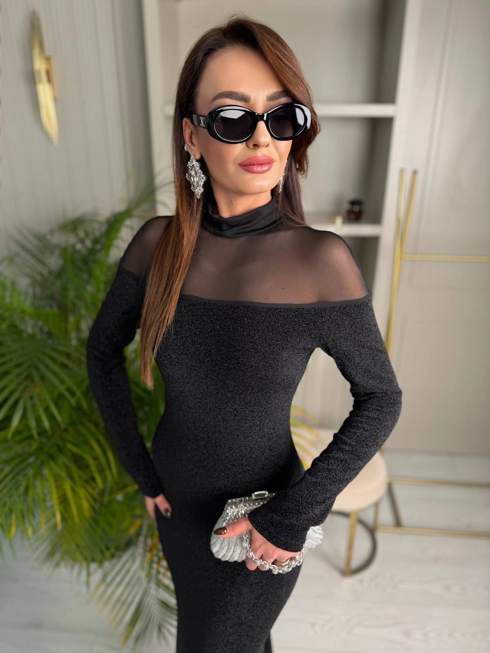 Tasarım%20İthal%20Işıltılı%20Kumaş%20Tül%20Detaylı%20Balık%20Form%20Elbise