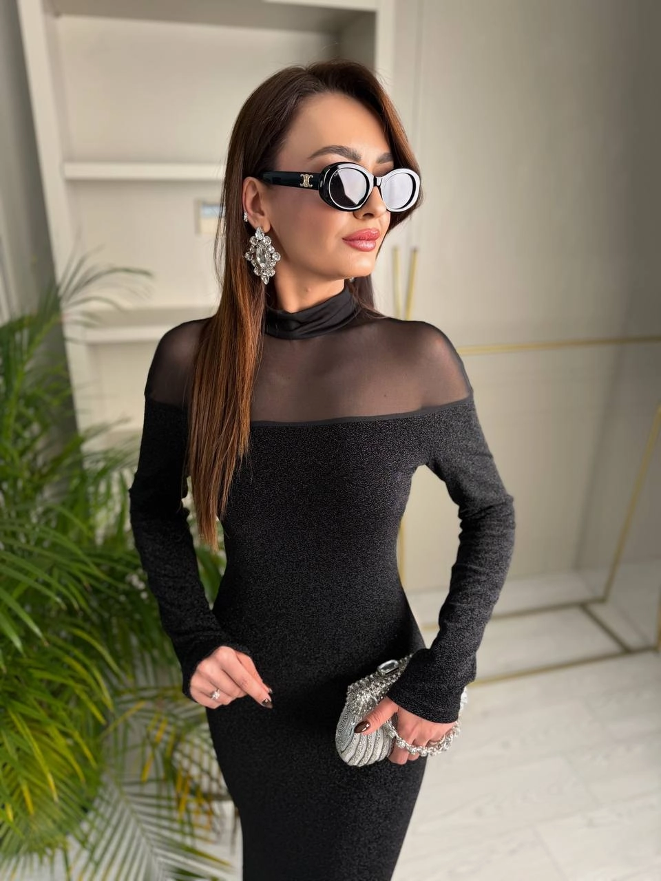 Tasarım%20İthal%20Işıltılı%20Kumaş%20Tül%20Detaylı%20Balık%20Form%20Elbise