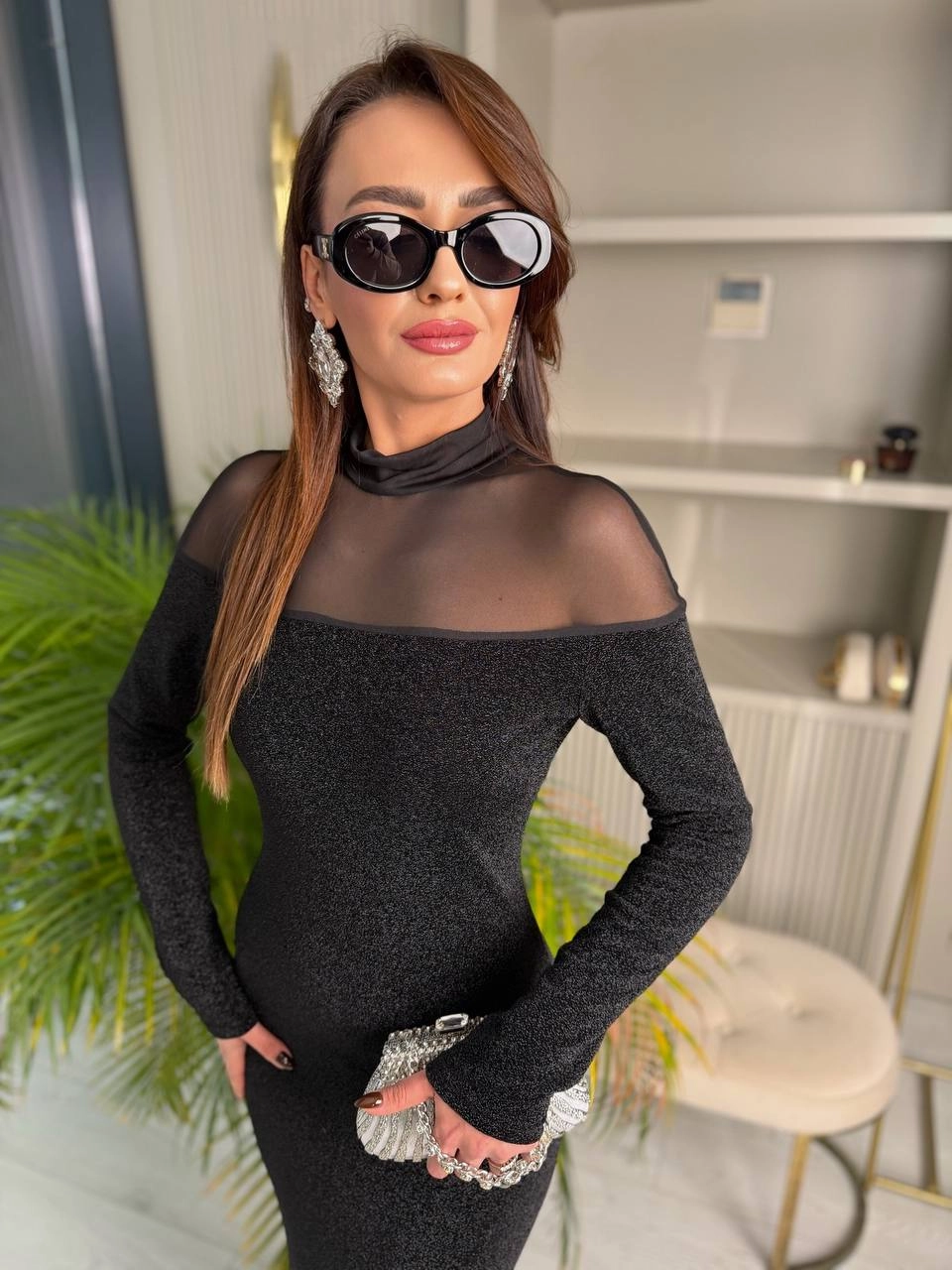 Tasarım%20İthal%20Işıltılı%20Kumaş%20Tül%20Detaylı%20Balık%20Form%20Elbise