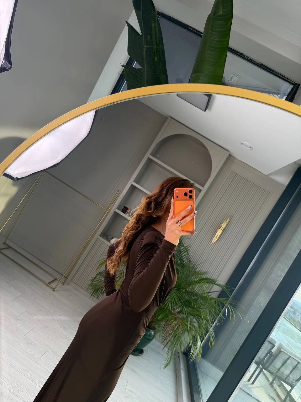 Kahverengi%20Vatkalı%20Bel%20Aksesuar%20Detay%20İthal%20Likralı%20Candy%20Kumaş%20Elbise