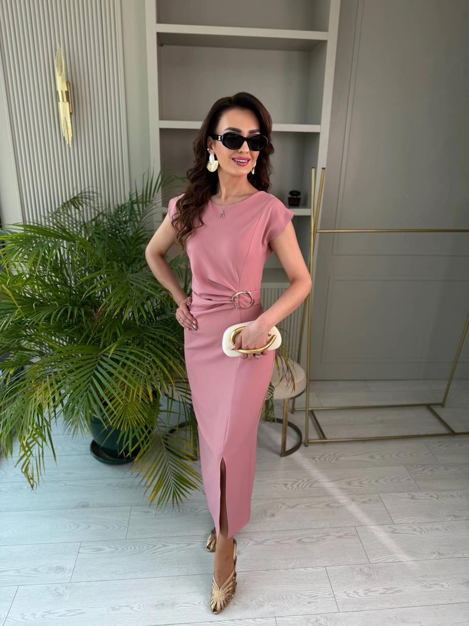 Pembe%20Zara%20Model%20Bel%20Tokalı%20Lüks%20Atlas%20Kumaş%20Kalem%20Elbise