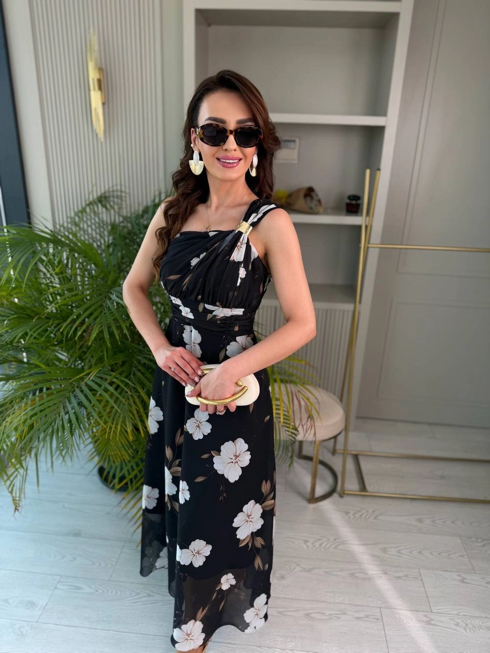 Siyah%20Floral%20Desen%20Astarlı%20Helen%20Şifon%20Elbise