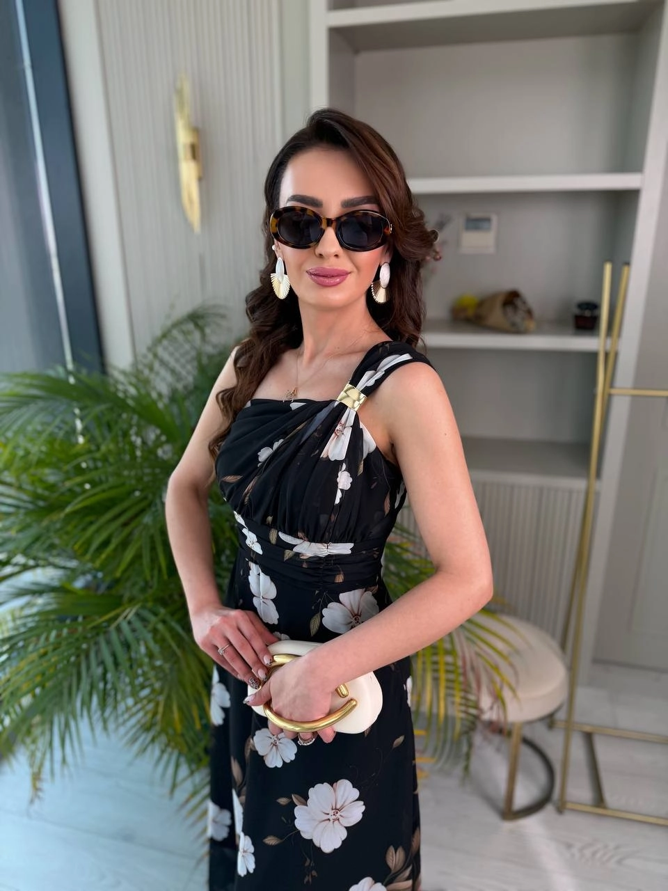 Siyah%20Floral%20Desen%20Astarlı%20Helen%20Şifon%20Elbise