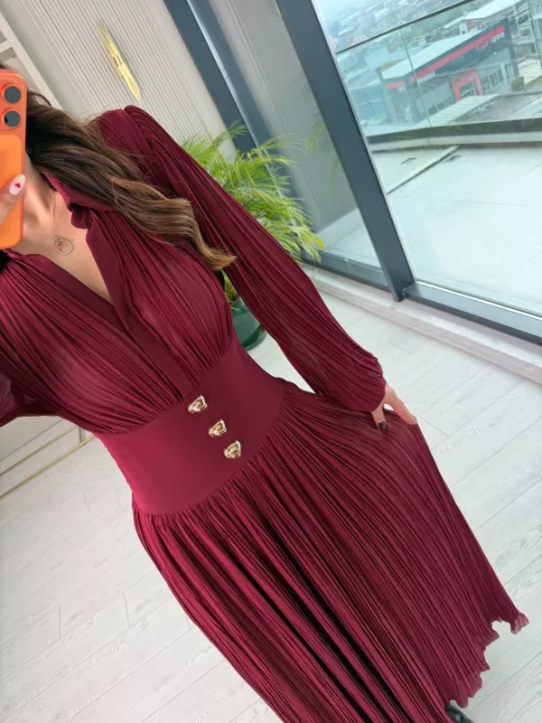 Tasarım%20Bordo%20İnce%20Piliseli%20Bel%20Detay%20Premium%20Şifon%20Elbise