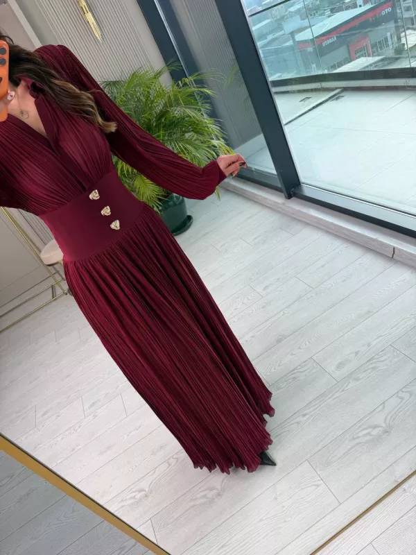 Tasarım%20Bordo%20İnce%20Piliseli%20Bel%20Detay%20Premium%20Şifon%20Elbise