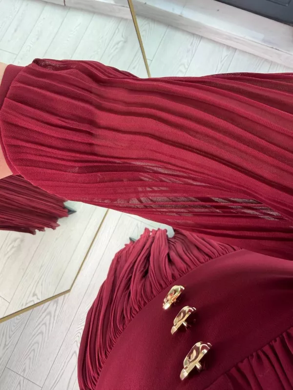 Tasarım%20Bordo%20İnce%20Piliseli%20Bel%20Detay%20Premium%20Şifon%20Elbise
