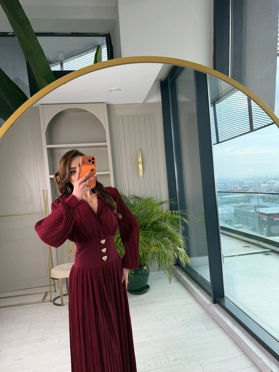 Tasarım%20Bordo%20İnce%20Piliseli%20Bel%20Detay%20Premium%20Şifon%20Elbise