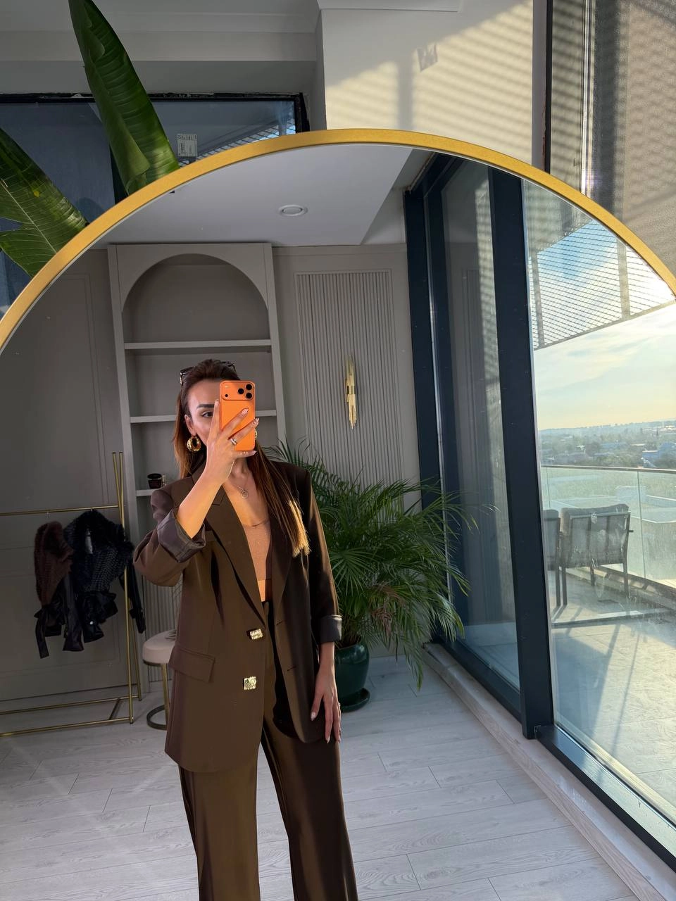 Kahverengi%20Gold%20Düğmeli%20İthal%20Krep%20Kumaş%20Takım