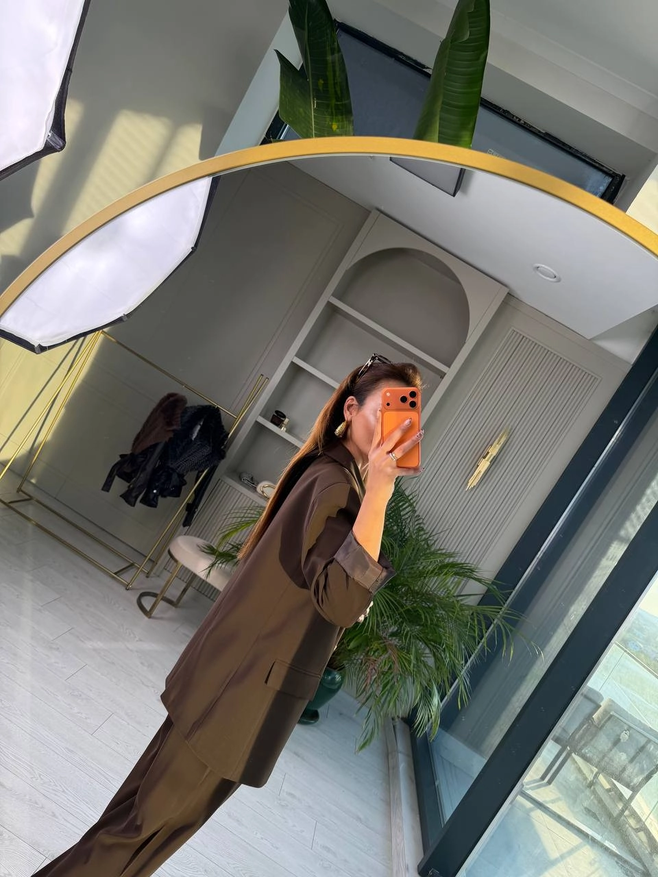 Kahverengi%20Gold%20Düğmeli%20İthal%20Krep%20Kumaş%20Takım