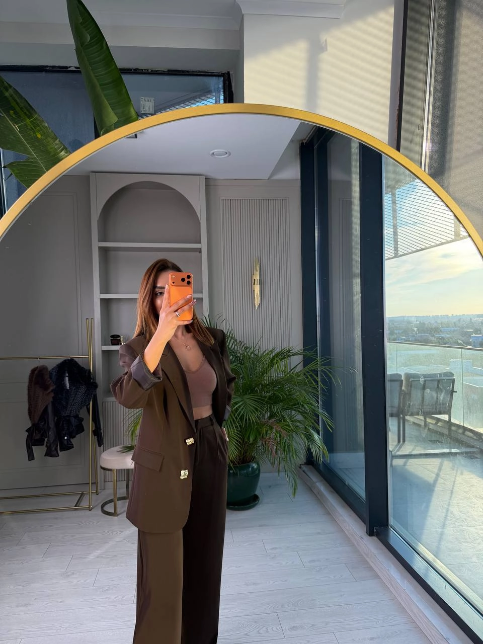 Kahverengi%20Gold%20Düğmeli%20İthal%20Krep%20Kumaş%20Takım