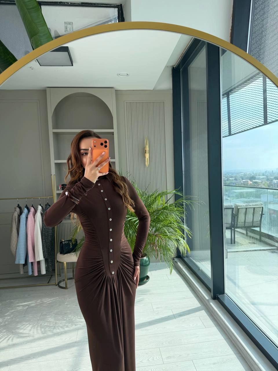 Kahverengi%20Zara%20Model%20Drapeli%20Likralı%20Maxi%20Boy%20Elbise