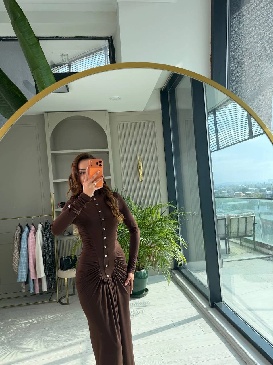 Kahverengi%20Zara%20Model%20Drapeli%20Likralı%20Maxi%20Boy%20Elbise