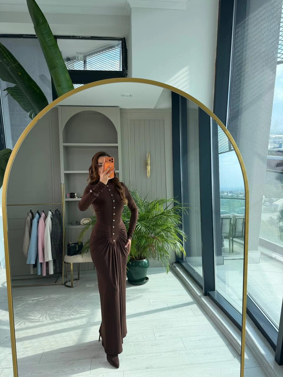 Kahverengi%20Zara%20Model%20Drapeli%20Likralı%20Maxi%20Boy%20Elbise