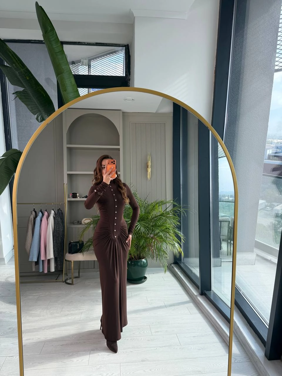 Kahverengi%20Zara%20Model%20Drapeli%20Likralı%20Maxi%20Boy%20Elbise