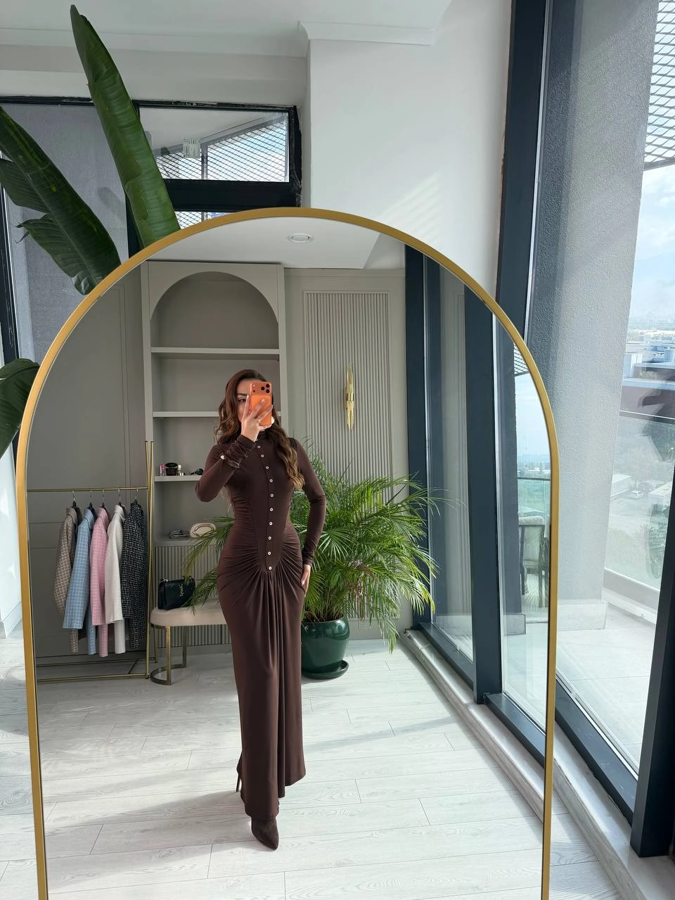 Kahverengi%20Zara%20Model%20Drapeli%20Likralı%20Maxi%20Boy%20Elbise