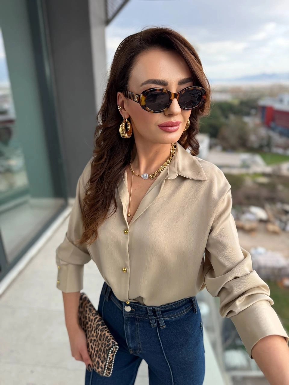 Kum%20Beji%20Gold%20Düğmeli%20Zra%20Marka%20Saten%20Gömlek