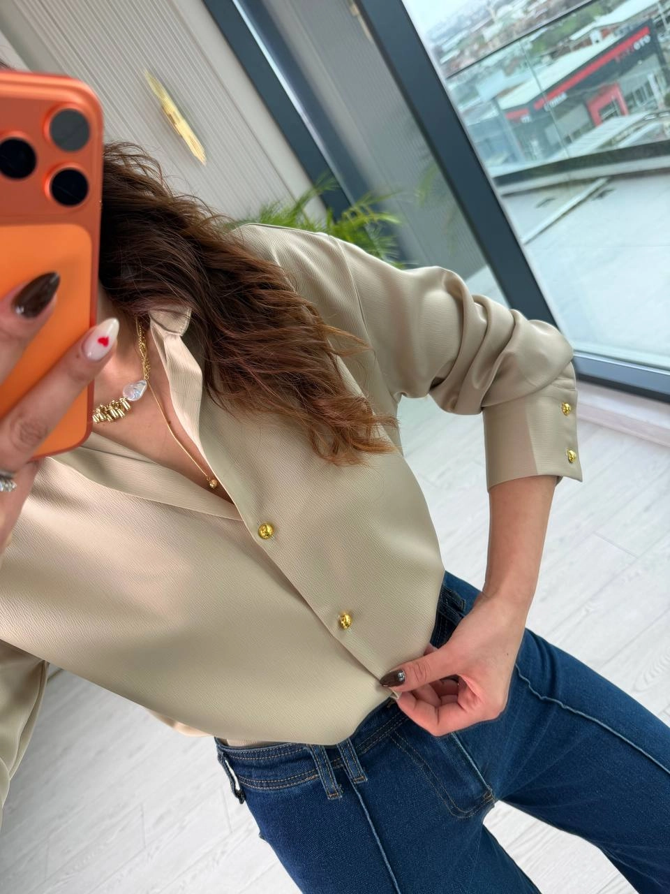 Kum%20Beji%20Gold%20Düğmeli%20Zra%20Marka%20Saten%20Gömlek