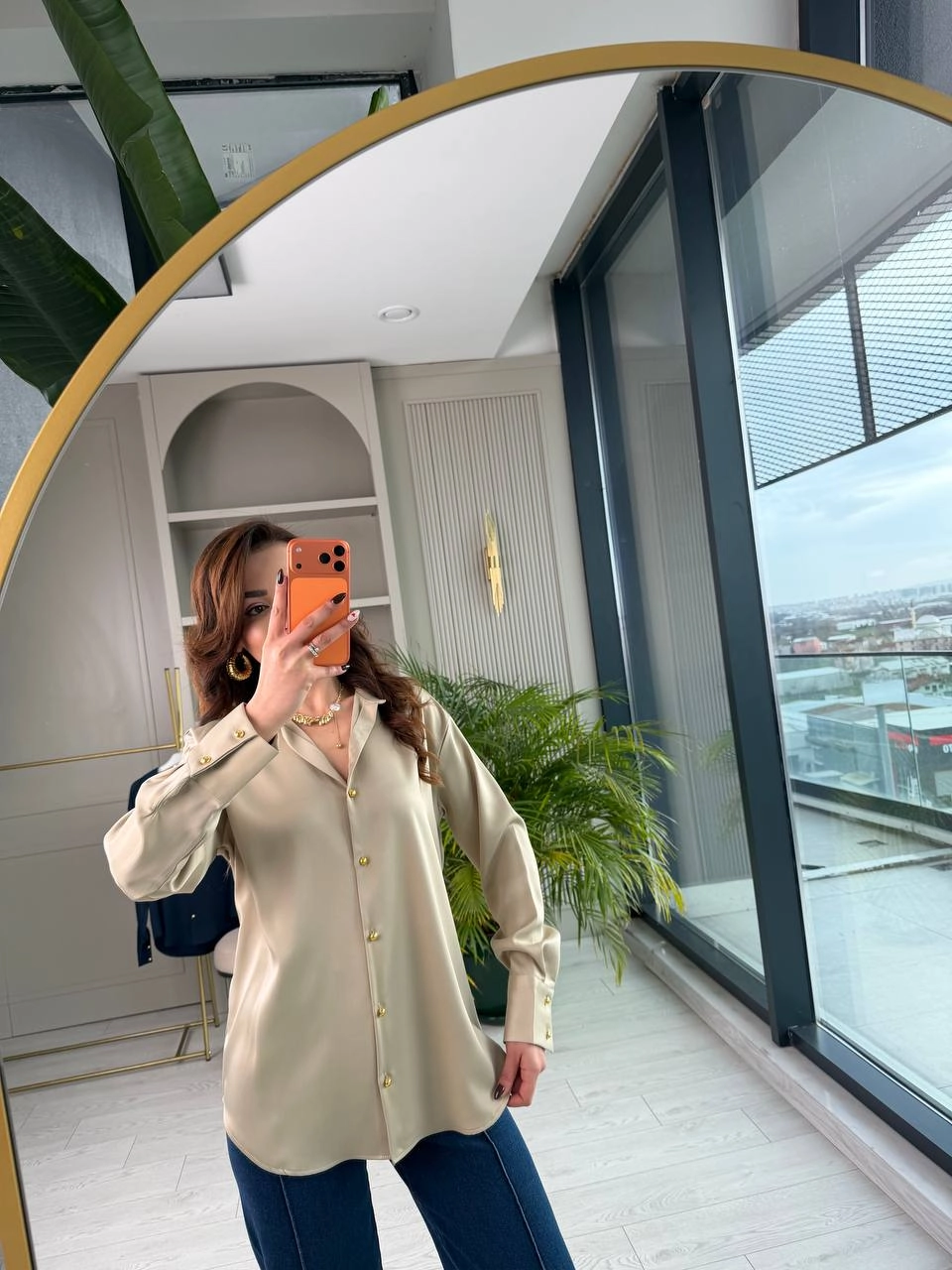 Kum%20Beji%20Gold%20Düğmeli%20Zra%20Marka%20Saten%20Gömlek
