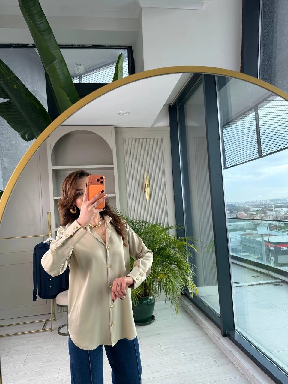 Kum%20Beji%20Gold%20Düğmeli%20Zra%20Marka%20Saten%20Gömlek