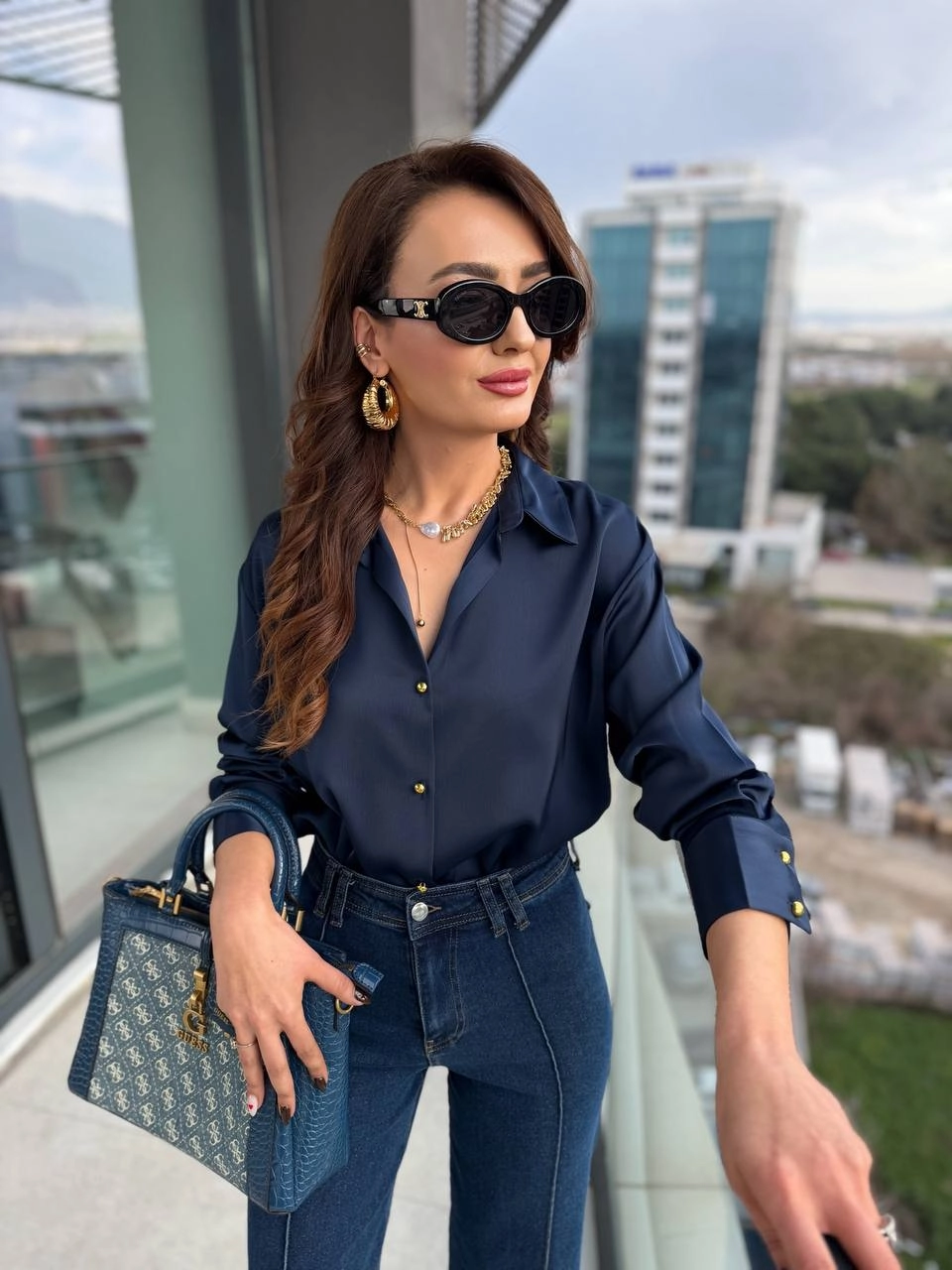 Lacivert%20Gold%20Düğmeli%20Zra%20Marka%20Saten%20Gömlek