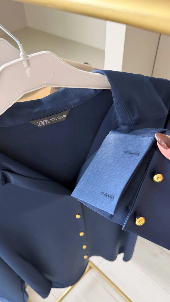 Lacivert%20Gold%20Düğmeli%20Zra%20Marka%20Saten%20Gömlek