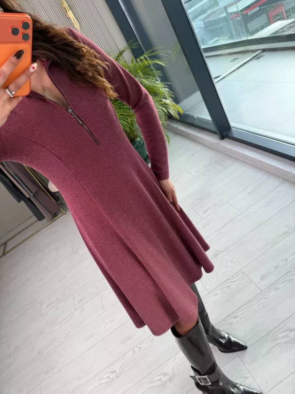 Bordo%20Fermuar%20Detay%20Çelik%20Örme%20Kumaş%20Çan%20Elbise