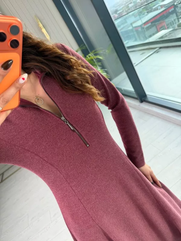 Bordo%20Fermuar%20Detay%20Çelik%20Örme%20Kumaş%20Çan%20Elbise