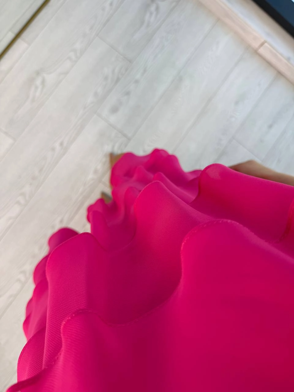 Fuşya%20Astarlı%20Kat%20Kat%20Şifon%20Elbise