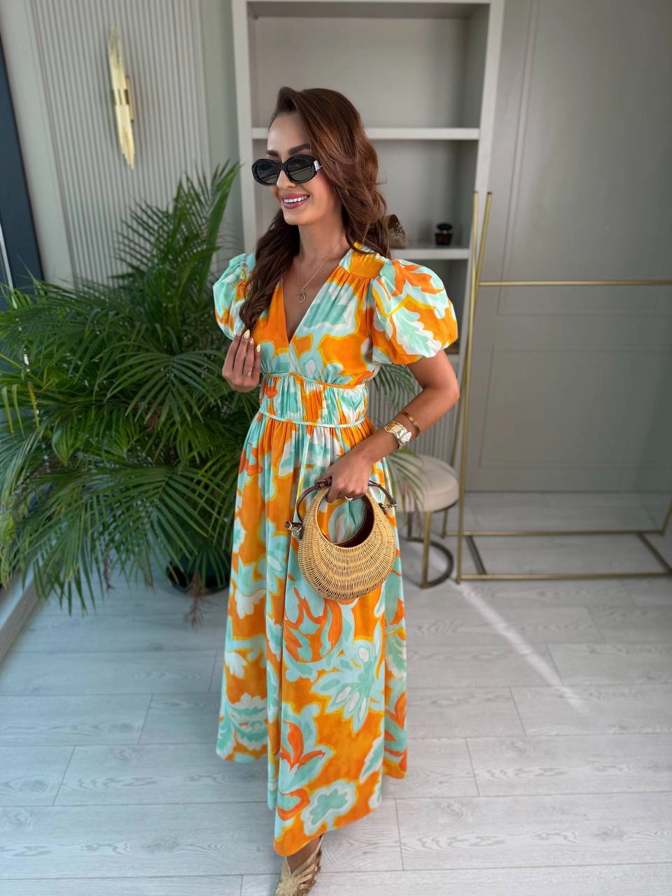 Oranj%20Su%20Yeşili%20Desenli%20Krep%20Kumaş%20Elbise