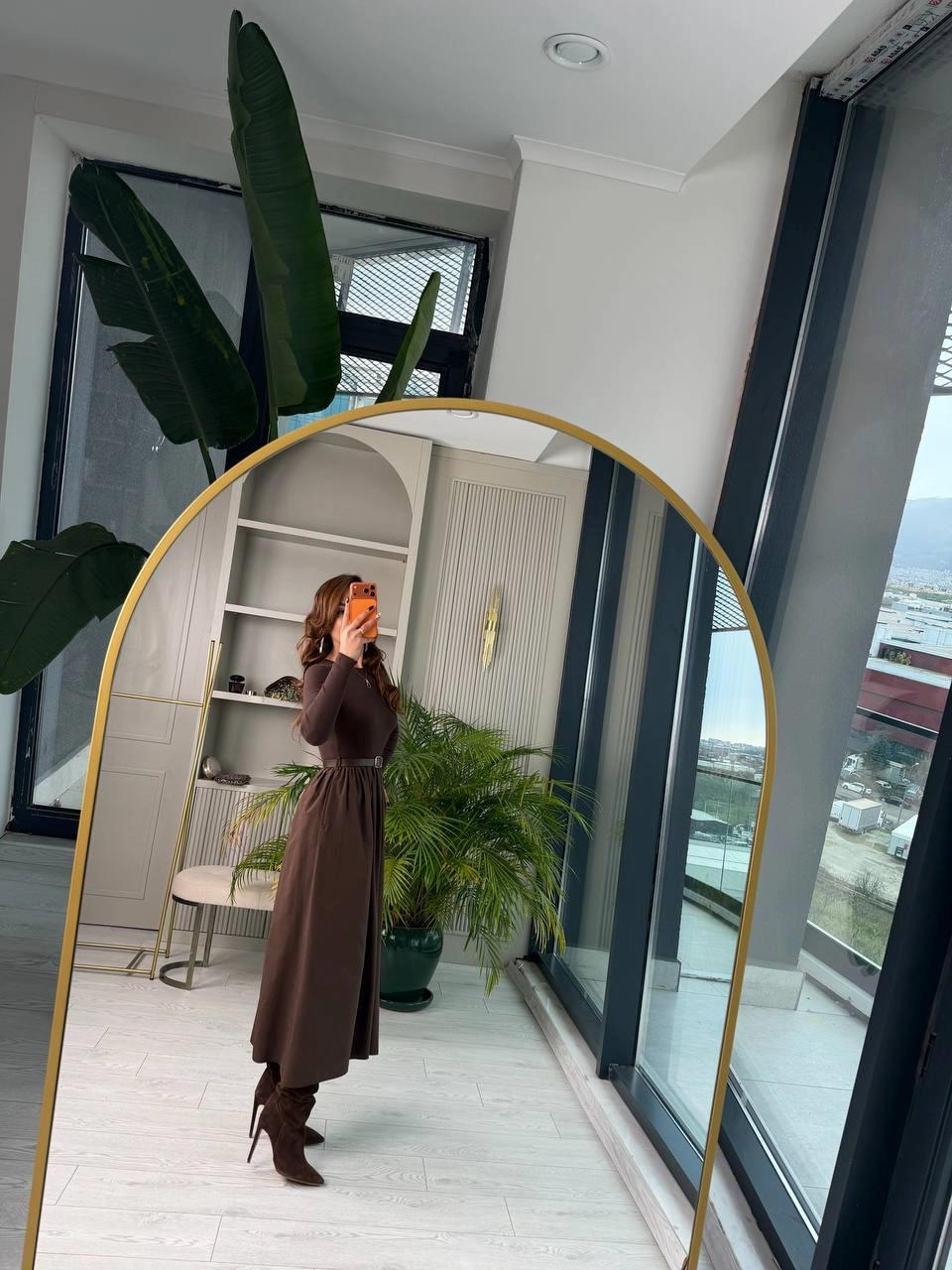 Kahverengi%20Kemerli%20Eteği%20Poplin%20Kumaş%20Elbise