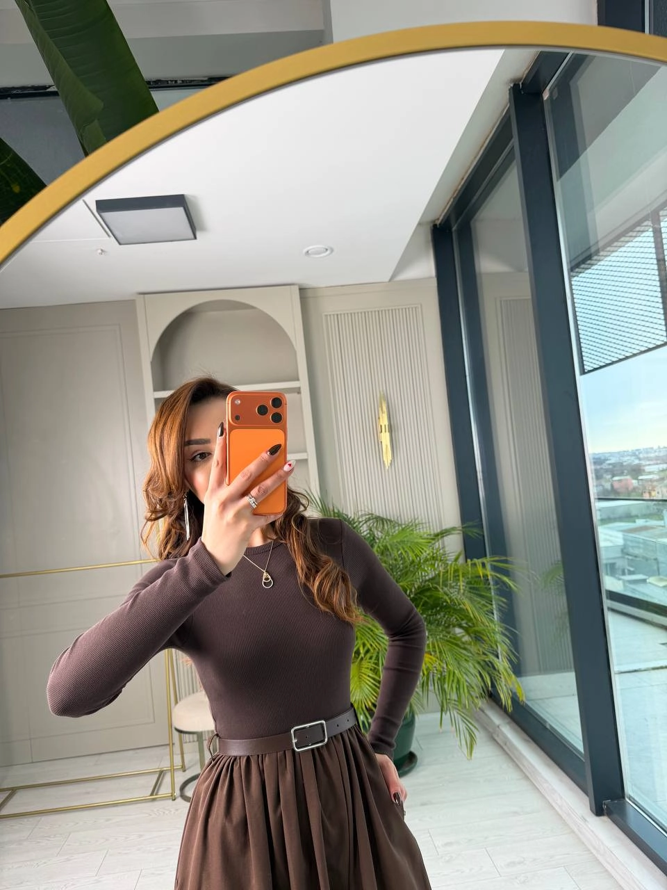 Kahverengi%20Kemerli%20Eteği%20Poplin%20Kumaş%20Elbise