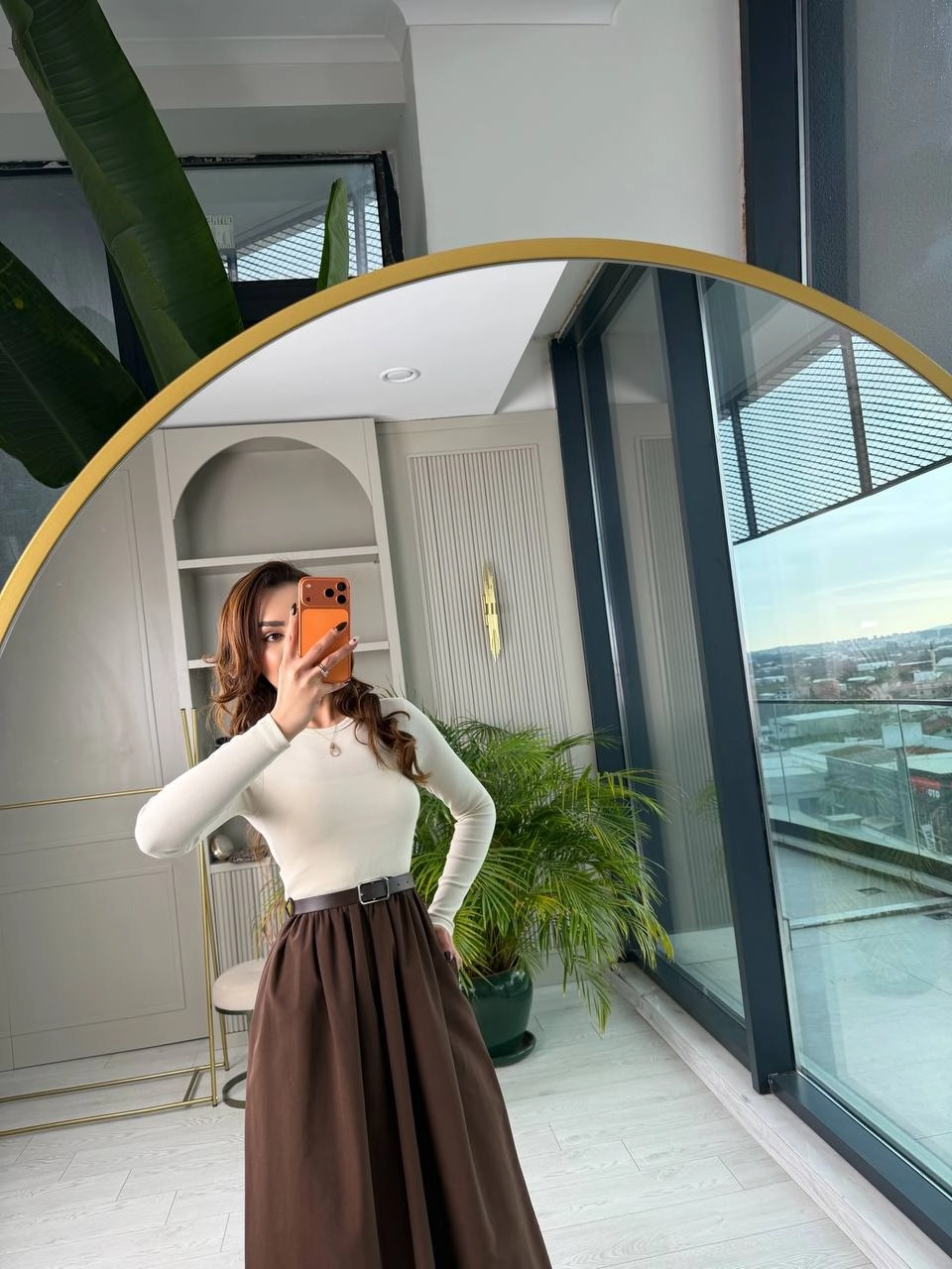 Bej-Kahverengi%20Kemerli%20Eteği%20Poplin%20Kumaş%20Elbise