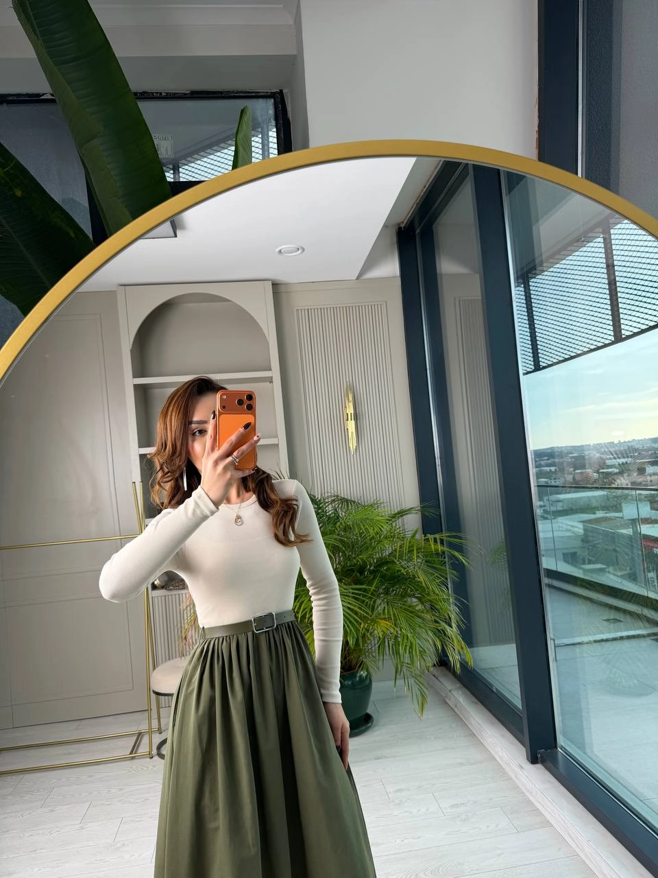 Haki-Bej%20Kemerli%20Eteği%20Poplin%20Kumaş%20Elbise