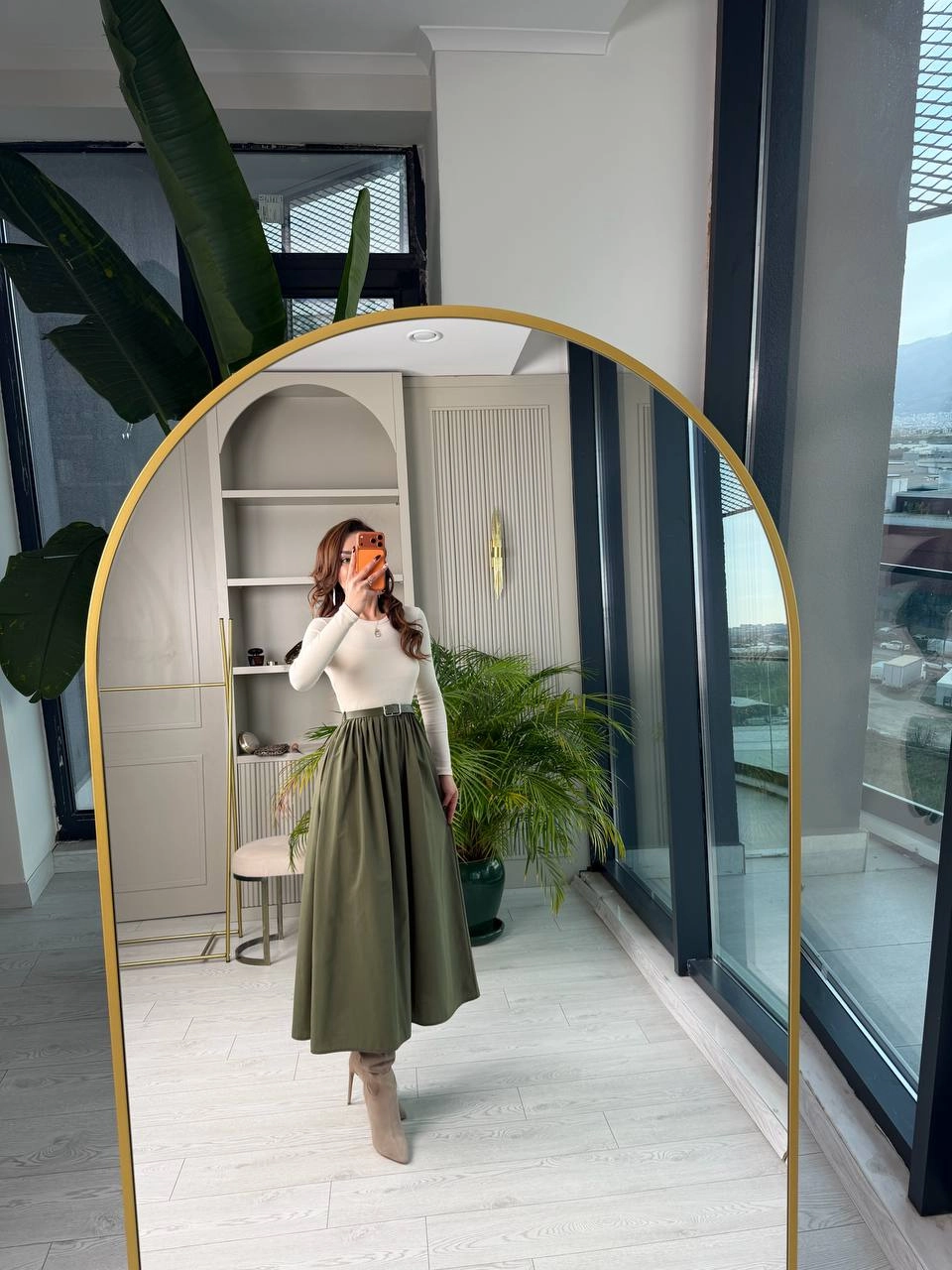 Haki-Bej%20Kemerli%20Eteği%20Poplin%20Kumaş%20Elbise