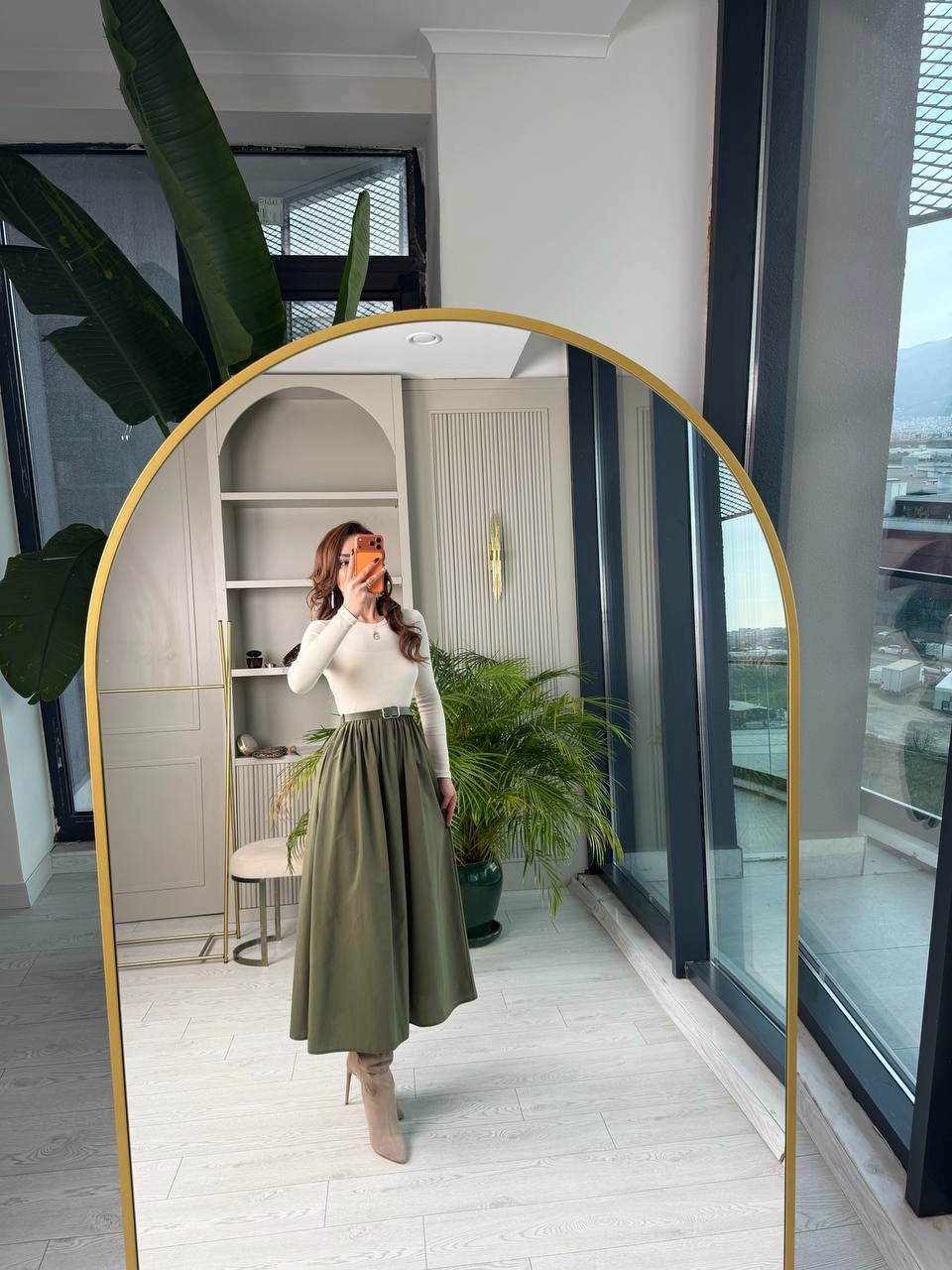 Haki-Bej%20Kemerli%20Eteği%20Poplin%20Kumaş%20Elbise