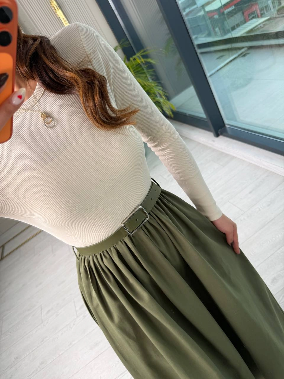 Haki-Bej%20Kemerli%20Eteği%20Poplin%20Kumaş%20Elbise