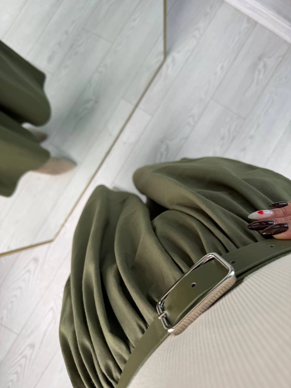 Haki-Bej%20Kemerli%20Eteği%20Poplin%20Kumaş%20Elbise