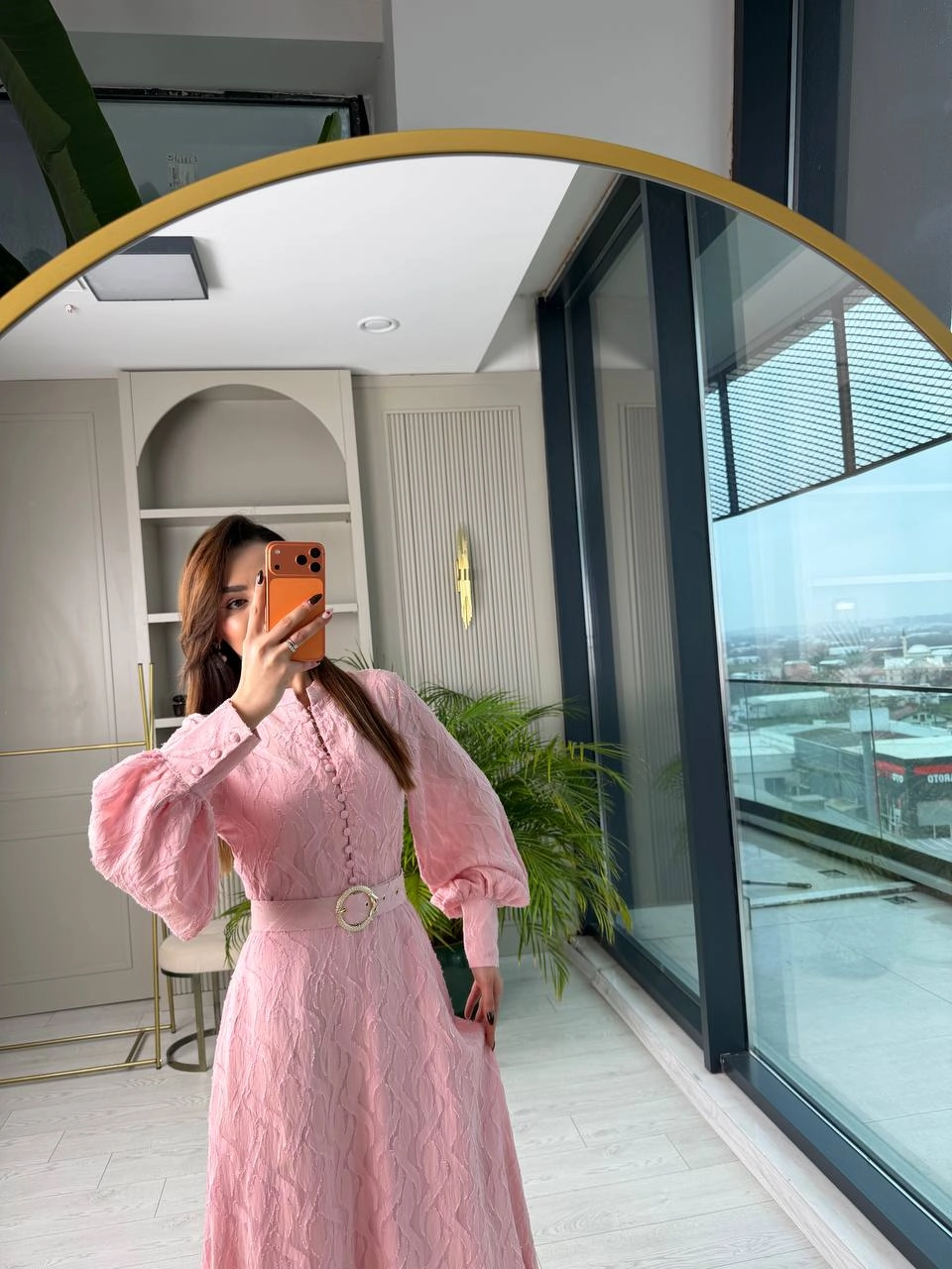 Tasarım%20Pudra%20Pembe%20Kemerli%20Astarlı%20%100%20Pamuklu%20Elbise