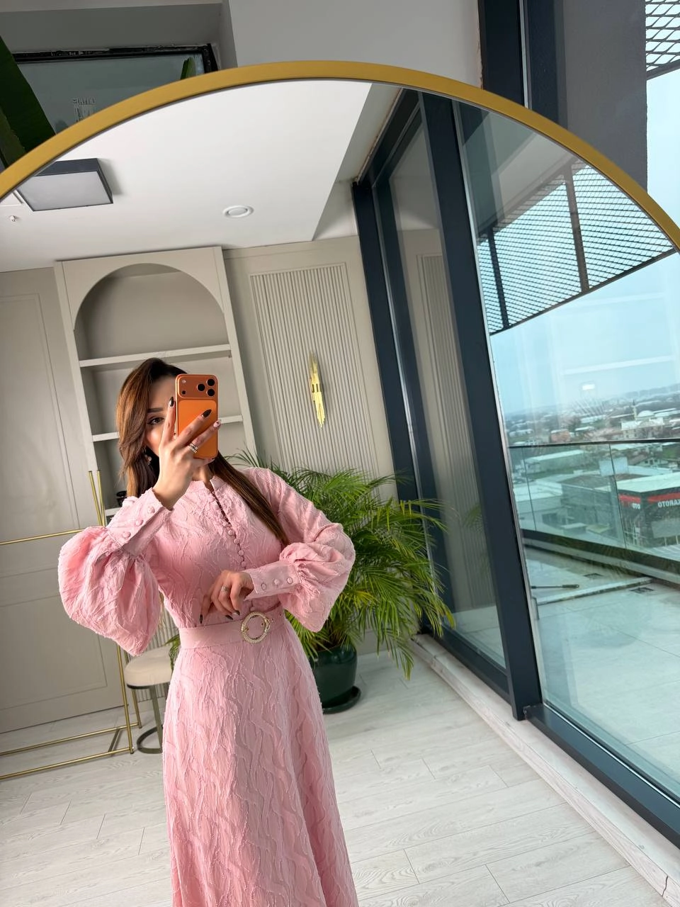 Tasarım%20Pudra%20Pembe%20Kemerli%20Astarlı%20%100%20Pamuklu%20Elbise