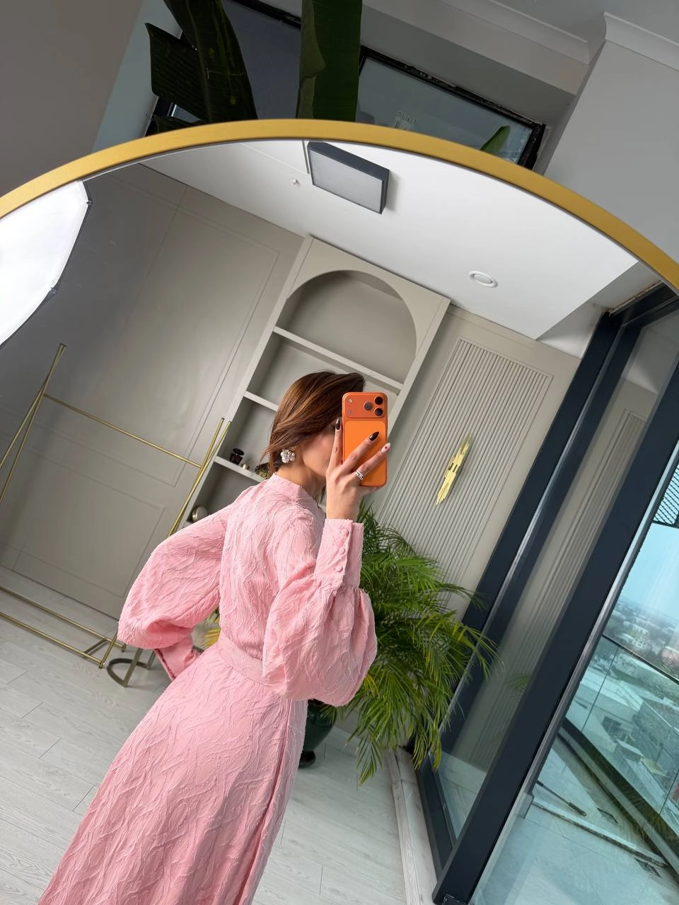 Tasarım%20Pudra%20Pembe%20Kemerli%20Astarlı%20%100%20Pamuklu%20Elbise
