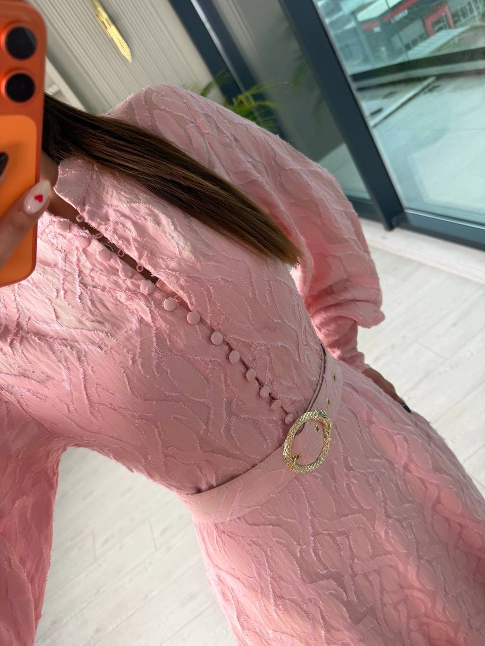 Tasarım%20Pudra%20Pembe%20Kemerli%20Astarlı%20%100%20Pamuklu%20Elbise