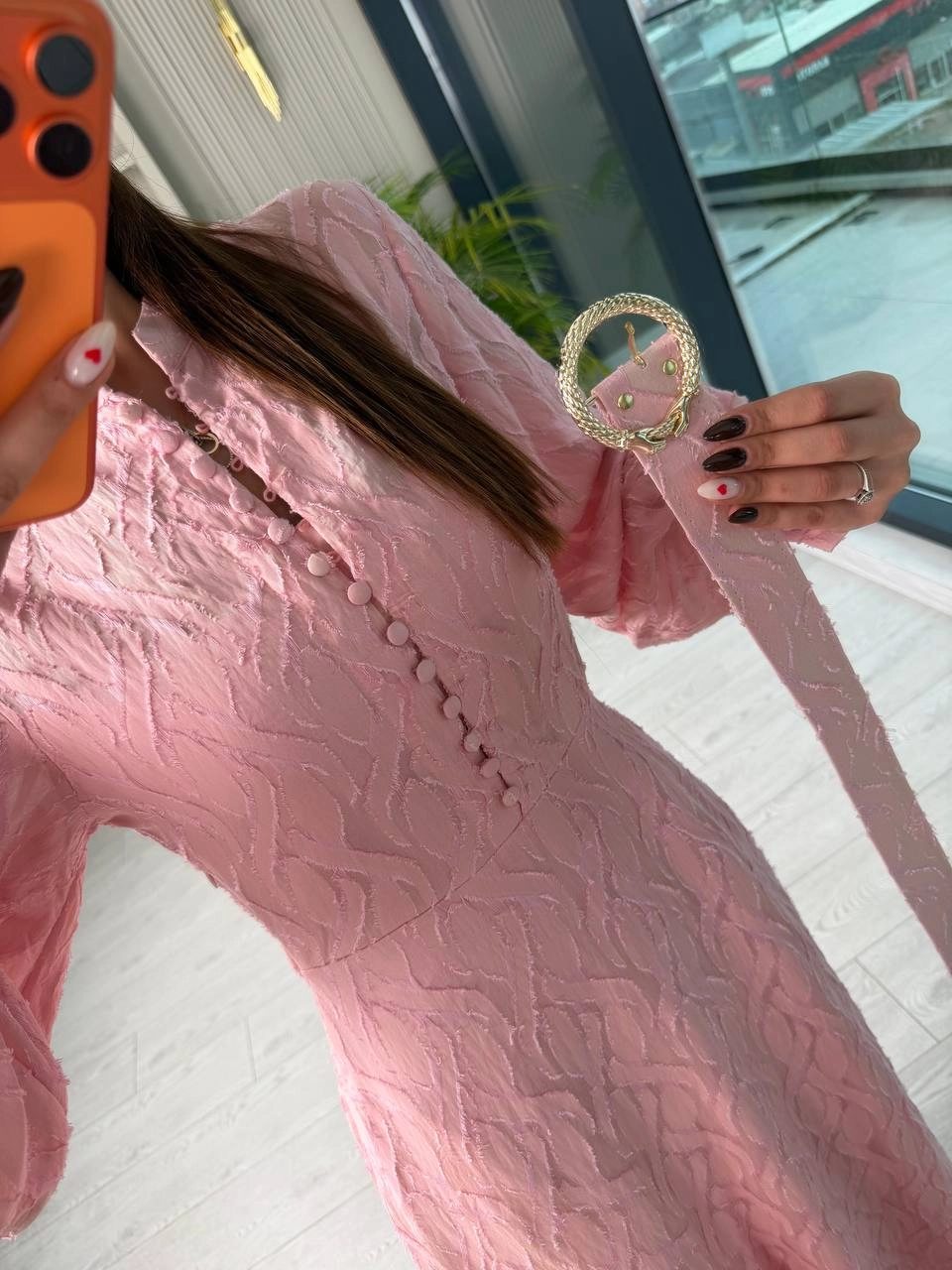 Tasarım%20Pudra%20Pembe%20Kemerli%20Astarlı%20%100%20Pamuklu%20Elbise