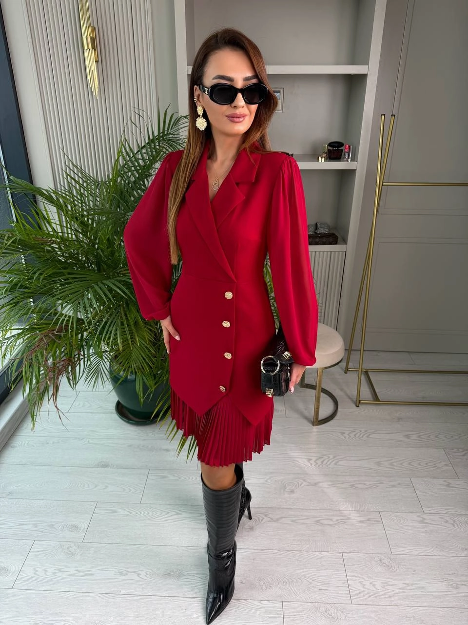 Bordo%20Tasarım%20Pilise%20Detaylı%20Astarlı%20Elbise