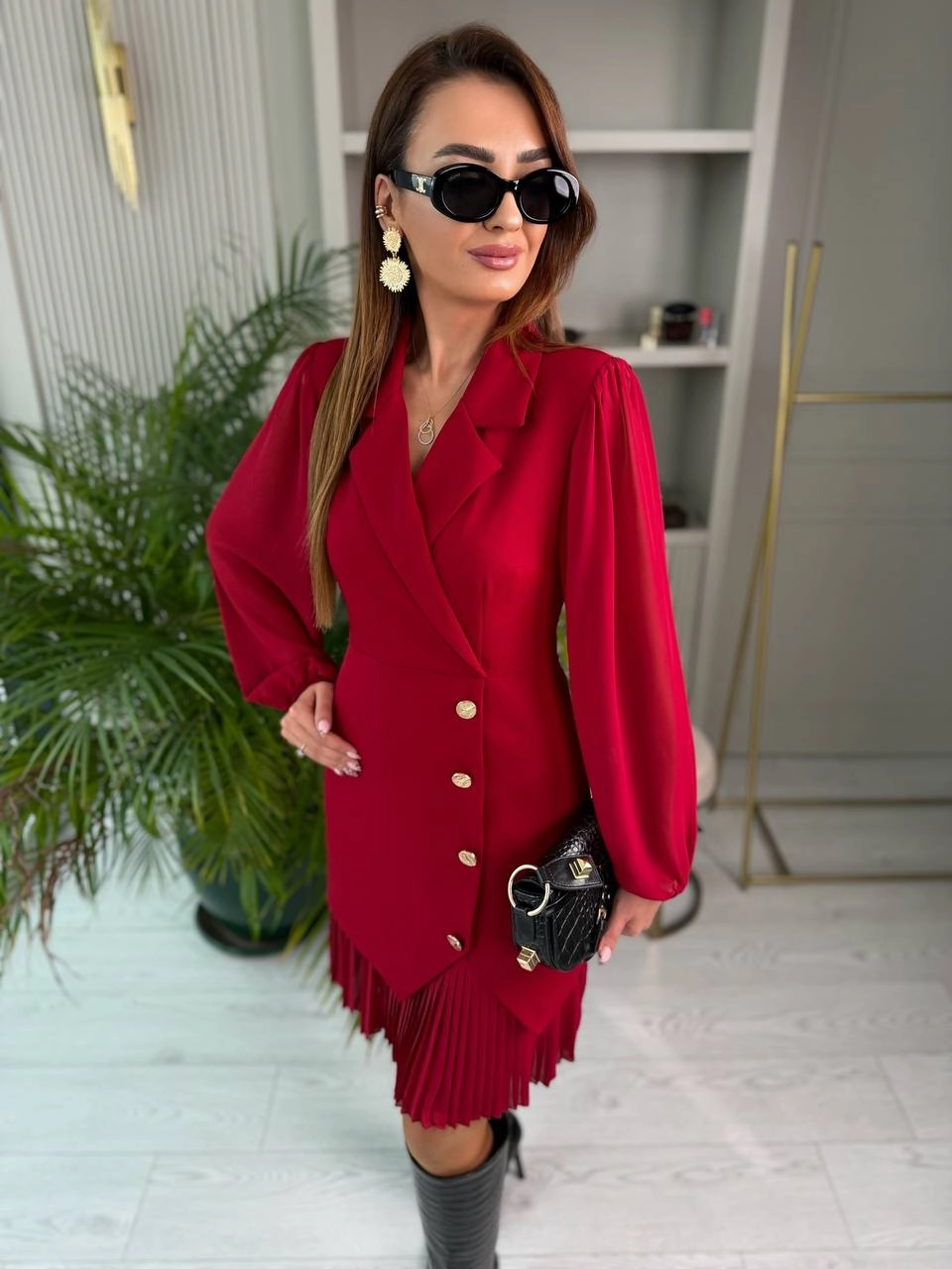 Bordo%20Tasarım%20Pilise%20Detaylı%20Astarlı%20Elbise