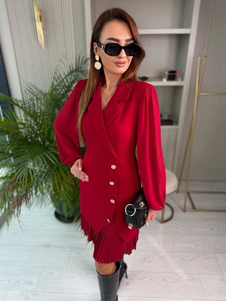 Bordo%20Tasarım%20Pilise%20Detaylı%20Astarlı%20Elbise