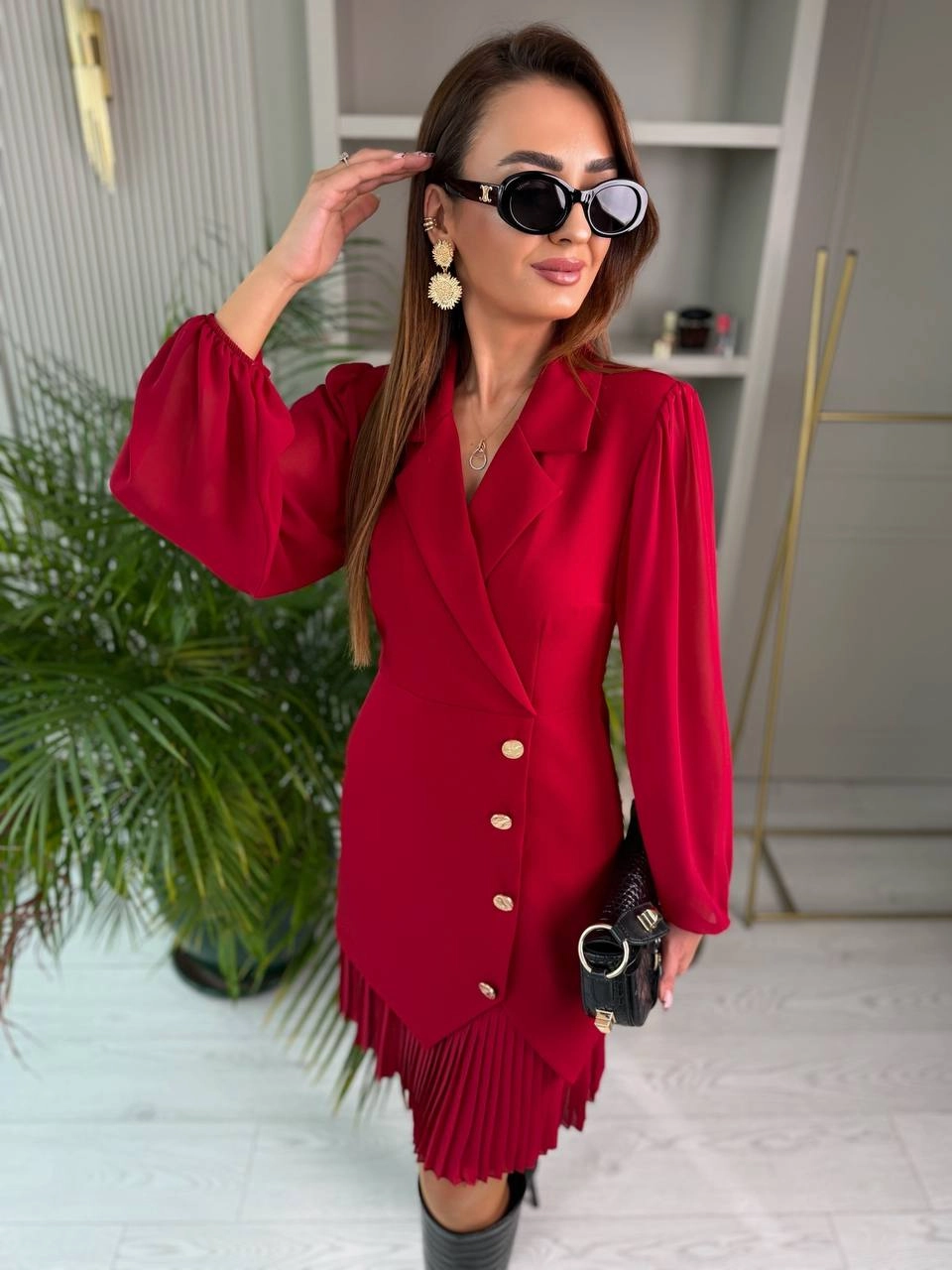 Bordo%20Tasarım%20Pilise%20Detaylı%20Astarlı%20Elbise